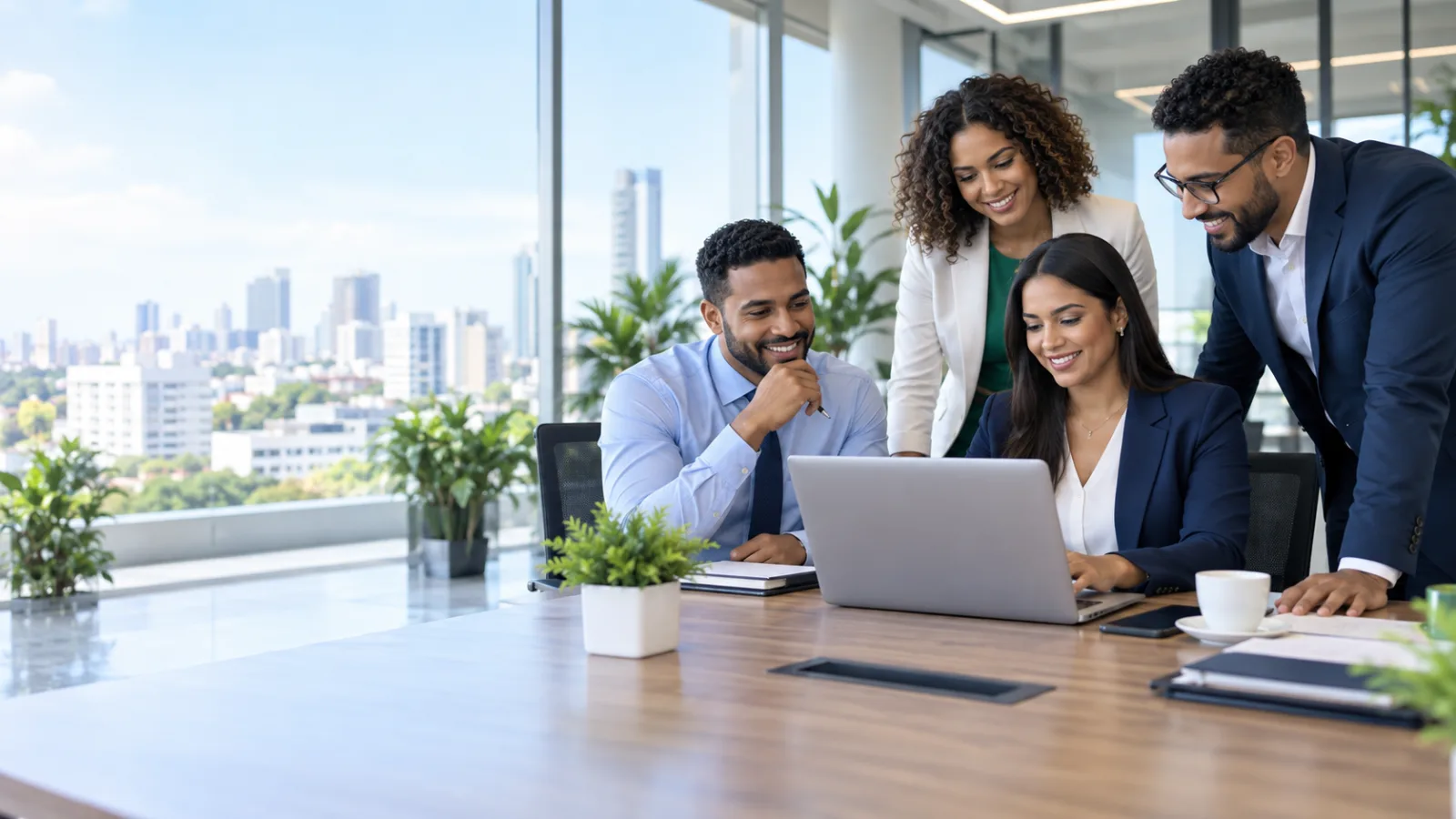 Equipo de trabajo revisando la nomina en una laptop, en una oficina con vista a la ciudad